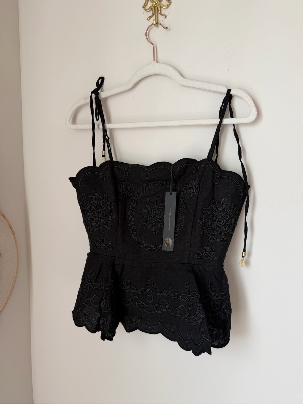 Black Embroidered Tie-Shoulder Peplum linen Tank top